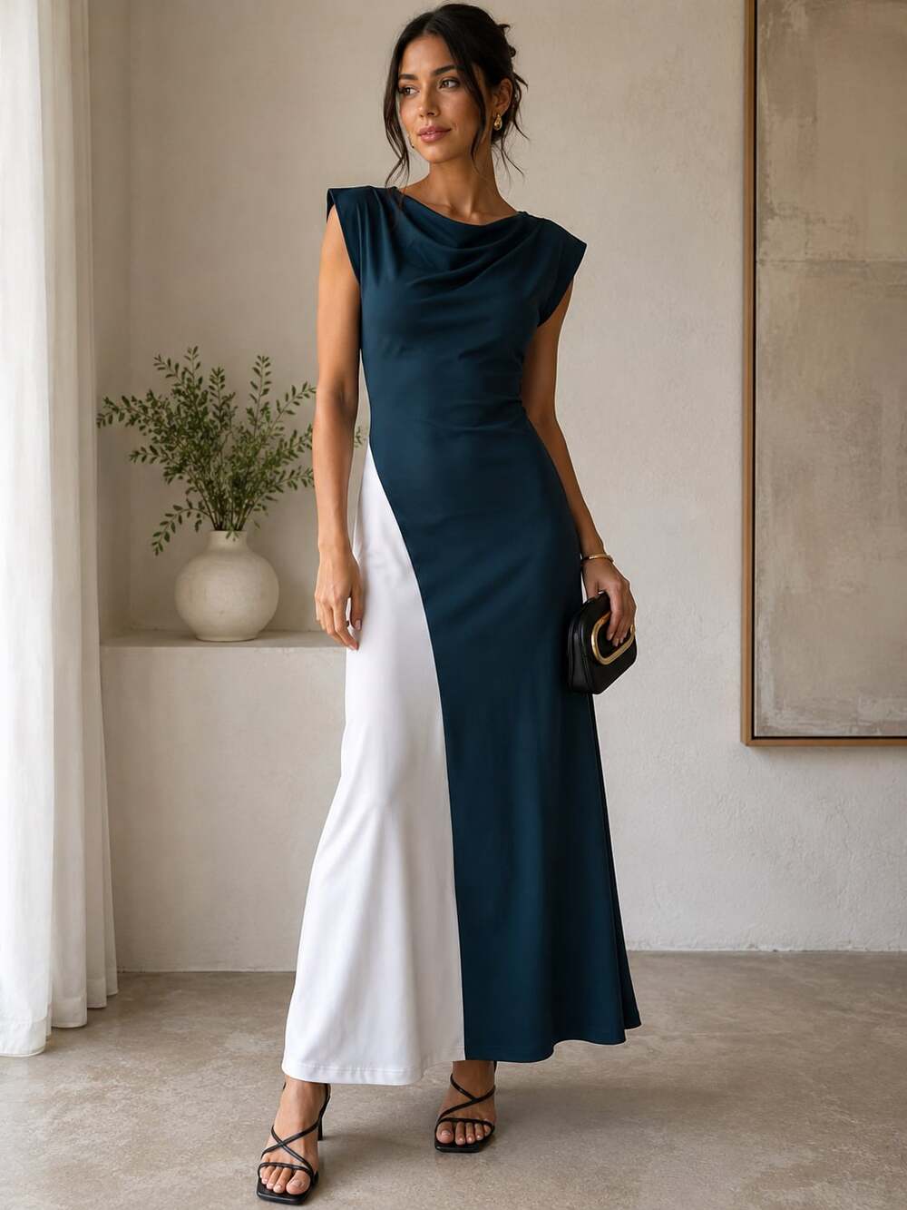 NWT Zara Color-Block Sleeveless Midi Dress with Cowl Neck Detail Size M